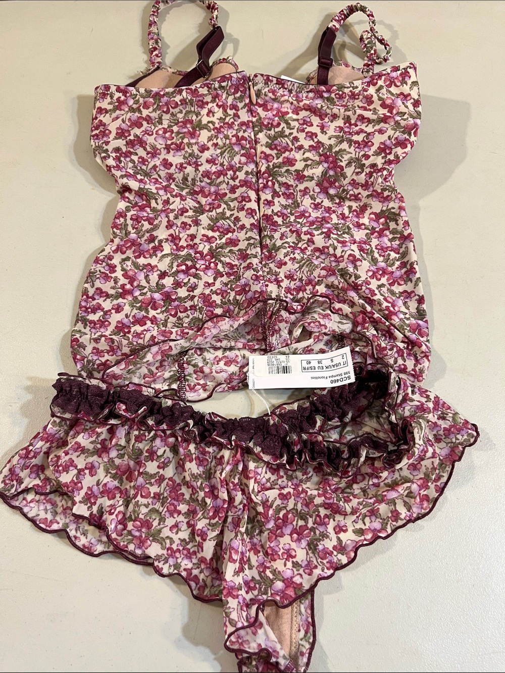 intimissimi Pink Floral Lace-Trim Chemise and Ruffled Brief Set - Picture 2 of 4